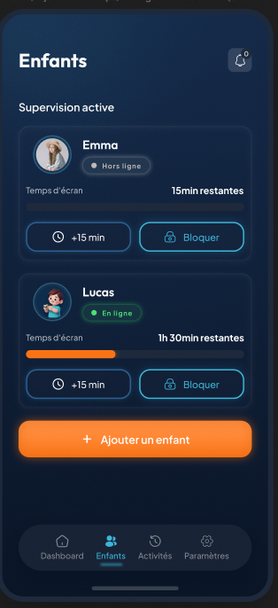 Vue multi-enfants Kizzo : Emma hors ligne et Lucas en ligne avec bouton pour ajouter un enfant supplémentaire
